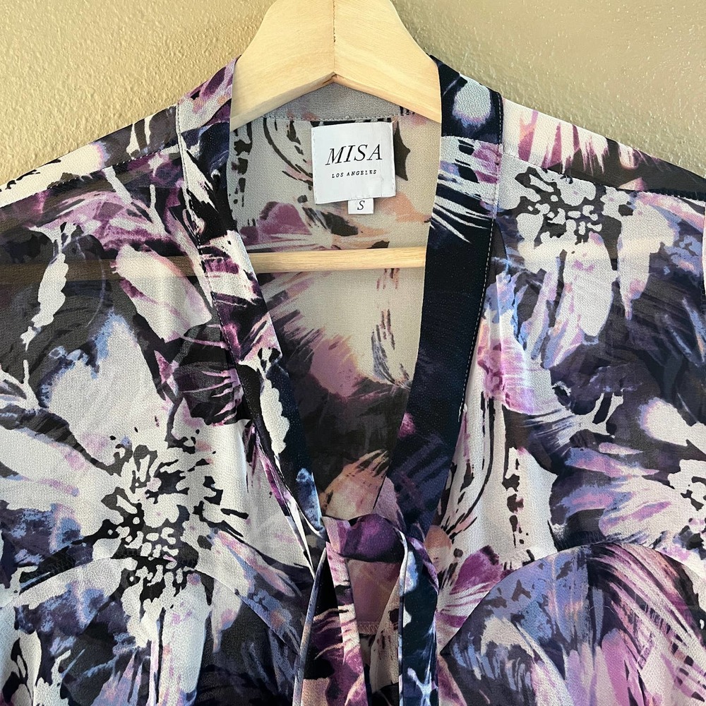 Misa Los Angeles semi sheer purple floral tiered longsleeve top